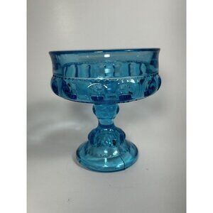King's Crown Glass Pedestal Compote Ice Turquoise Blue Retro